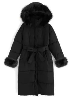 リボンベルト付きファーフードロングダウンコート[kd56] グレイル アウター