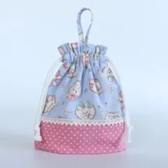 【1点限り】巾着 うさぎ ブルー×水玉｜コップ袋・給食袋