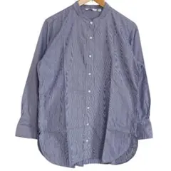 ユニクロコットンツイルストライプスタンドカラーロングシャツ ブルー×ホワイト