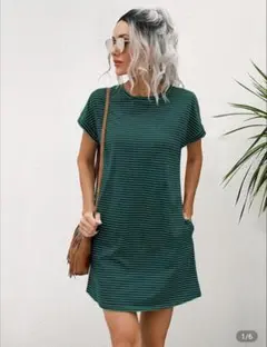 SHEIN ボーダー 半袖ミニワンピース　グリーン