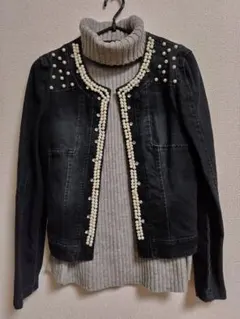 デニムジャケット ビジュー＆パール装飾 濃紺 美品