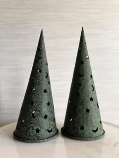 アンティーク キャンドルホルダー クリスマスツリー グリーン コーン型2個セット
