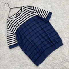 COMME CA ISM コムサイズム　ボーダーニット　半袖　ネイビー　XL
