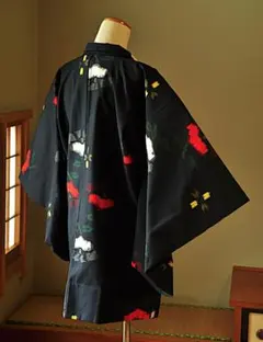 羽織　ウール　ブラック　赤　白　椿柄　黄色　幾何学模様　着物　レトロ