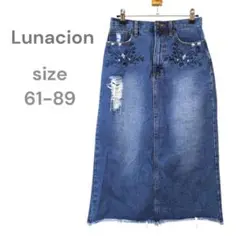 Lunacion　デニムスカート　ジーンズ　タイト　ひざ丈　花柄刺繍　ダメージ