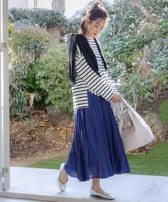 GLOBAL WORK ウエストゴムエアリーリラックスフレアスカートブルー F