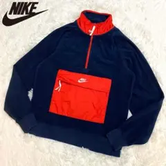ナイキ　フリース　ハーフジップ　スウェット　刺繍　センターロゴ　ネイビー　S