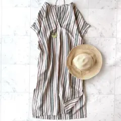 美品 ジャーナルスタンダード+e 麻混ストライプワンピース リネン ゆったり