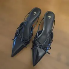 ZARA ブラック ポインテッドトゥミュール ヒール パンプス リボン付き 37