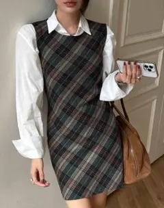 【韓国】チェック柄 ワンピース グリーン 緑 ショート丈 骨格スト