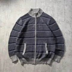 古着 eddie bauer ジップアップ コットンニット ボーダー L 紺灰