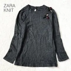 【ザラニット】ビジュー装飾ニット 9分袖 クルーネック 綺麗め カジュアル 秋冬