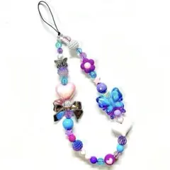 ビーズストラップ キーホルダー ハート 蝶 リボン ピンク ブルー パープル