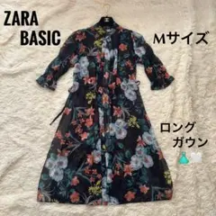 ZARA ザラ フローラル 花柄 ロングガウン リボン 黒 M ブラック