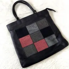 ✨希少品✨本革 レザー　パッチワークデザイン トートバッグ　ブラック