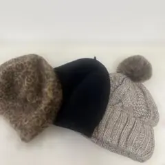 ニット、ビーニー帽子3点セット レオパード柄・黒・薄茶