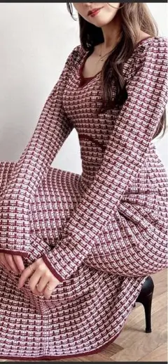 赤と白のチェック柄 長袖ニットワンピース Fサイズ