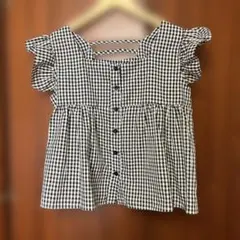 シーイン　ギンガムチェックスクエアネックフリル袖シャツ　L