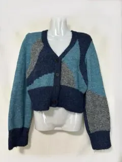 JEANASIS ジーナシス カラーブロック 起毛 ショート Ｖ丈カーディガン