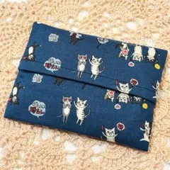 ハンドメイド　ポケットティッシュケース　推し活猫　猫　ブルー