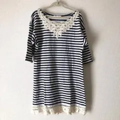 ローリーズファーム　七分袖　ロング　Tシャツ　ボーダー　レース