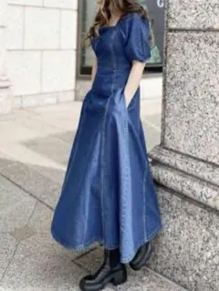 ZARA　ザラ　デニムロングワンピース　スクエアネック　パフスリーブ　M　フレアのサムネイル