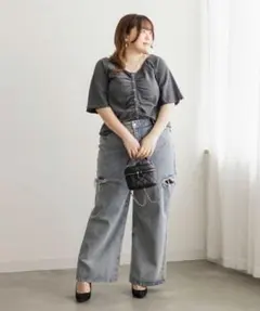 CLETTEオリジナル★レースキャミレイヤード風シャーリングプルオーバー灰色3L