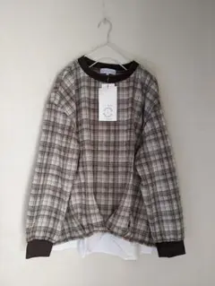 新品SEASON REASON茶チェック背中側裾重ね着風デザインチュニックL