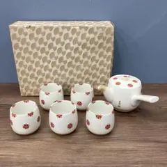 D-5 昭和レトロ 茶器セット 急須 湯呑み5客 昇泉 赤絵 花紋 箱付き