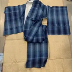 新品値下げ‼️つむぎ袷着物(青色系格子柄)