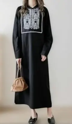 【La-gemme】長袖ワンピース　刺繍　ブラックロングワンピース ボタニカル