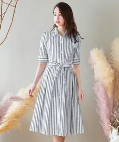 美品　Tiaclasse 　ストライプ柄 シャツワンピース 　M　ウエストリボンのサムネイル