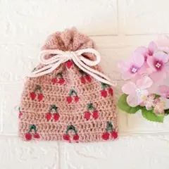 ハンドメイド♡さくらんぼ巾着 70s ハンドメイド さくらんぼワッペン 巾着 昭和レトロヴィンテージ