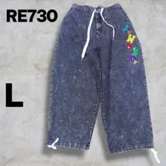 RE730 カラフルクマ刺繍 ワイド デニムパンツ Lサイズ