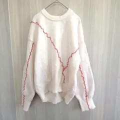 メンズ トップス ニット セーター 赤ライン ステッチ ホワイト フリーサイズ