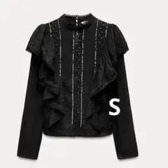 ZARA ブラック 長袖ブラウス フリル付き