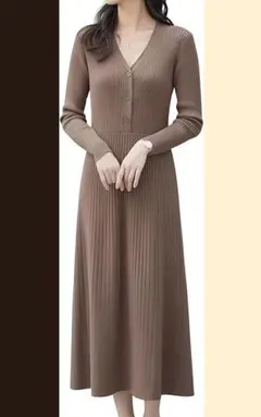 【新品】スッキリ Vネック あったかニットワンピース　フリーサイズ　ブラウン