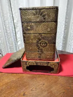 【輪島塗】総菊沈金 木製五段重箱 替え蓋付き内朱塗 豪華絢爛のサムネイル