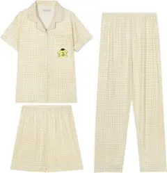 パジャマ レディース 部屋着 3点セット　ポムポムプリン　黄色　チェック М