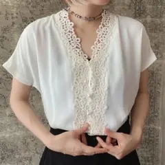 No.726レース刺繍半袖シャツパールブラウスヴィンテージ古着レディーストップス
