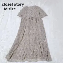 クローゼットストーリー ワンピース M ベージュ 花柄 ロング 半袖 フレア 春