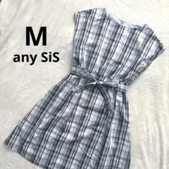 【any SiS】チェック　リボン　ワンピース　ネイビー×水色　M