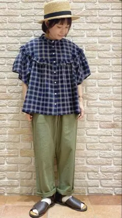 【SM2】柄アソートフリル切り替えブラウス ネイビー　チェック