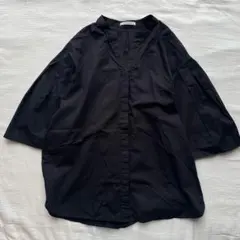 OPAQUE.CLIP【M】フレアスリーブ スキッパーシャツ すっきり見せ 黒のサムネイル