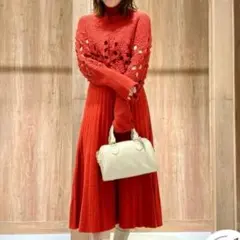 8years　かぎ針ニットセットアップワンピース　赤　スカート裏付き