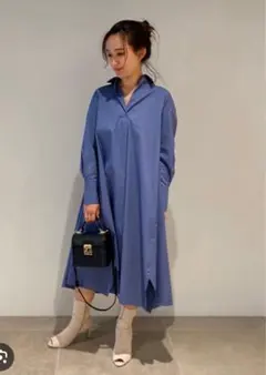 セルフォード定価25300円ブルー 長袖 シャツワンピース Aライン