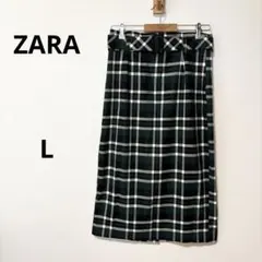 【美品】ZARAザラ　チェック柄ベルト付きミディタイトスカート　Lサイズ
