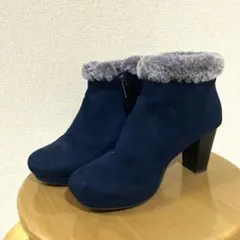 あしながおじさん ネイビー ファー付き スエードブーツ 中ヒール