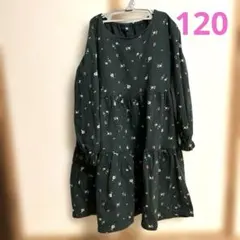UNIQLO 秋、冬、花柄長袖ワンピース 120グリーン　ティアードワンピース