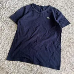 美品 日本製 LACOSTE ラコステ Vネック Tシャツ 2 ネイビー ロゴ